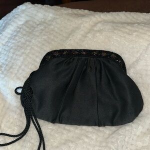 Vintage satin hand bag - jet bead
